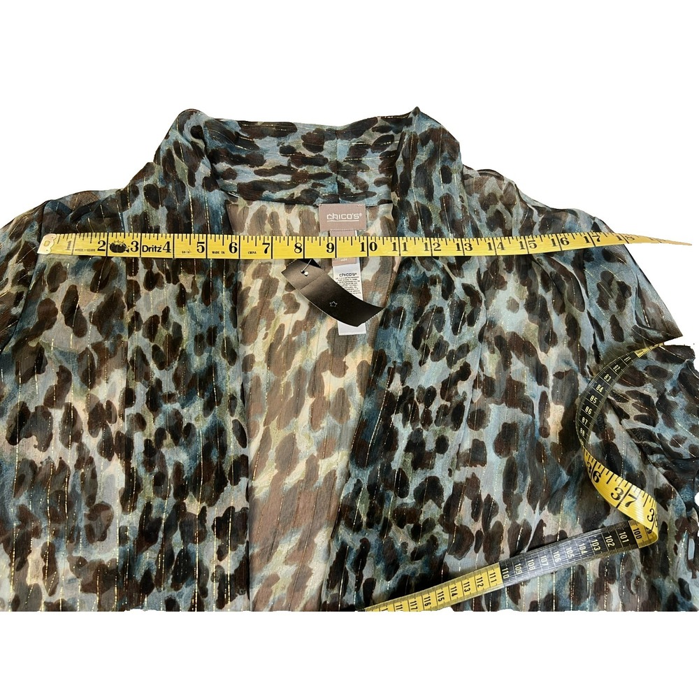 Chico's SZ 2 Open Cardigan/Coverup Sheer Georgette Blue Brown Gold Animal Print - Picture 8 of 11